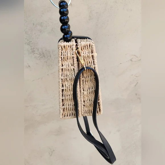 Elegant Tan and Black Woven Handbag/Crossbody - Picture 6 of 12